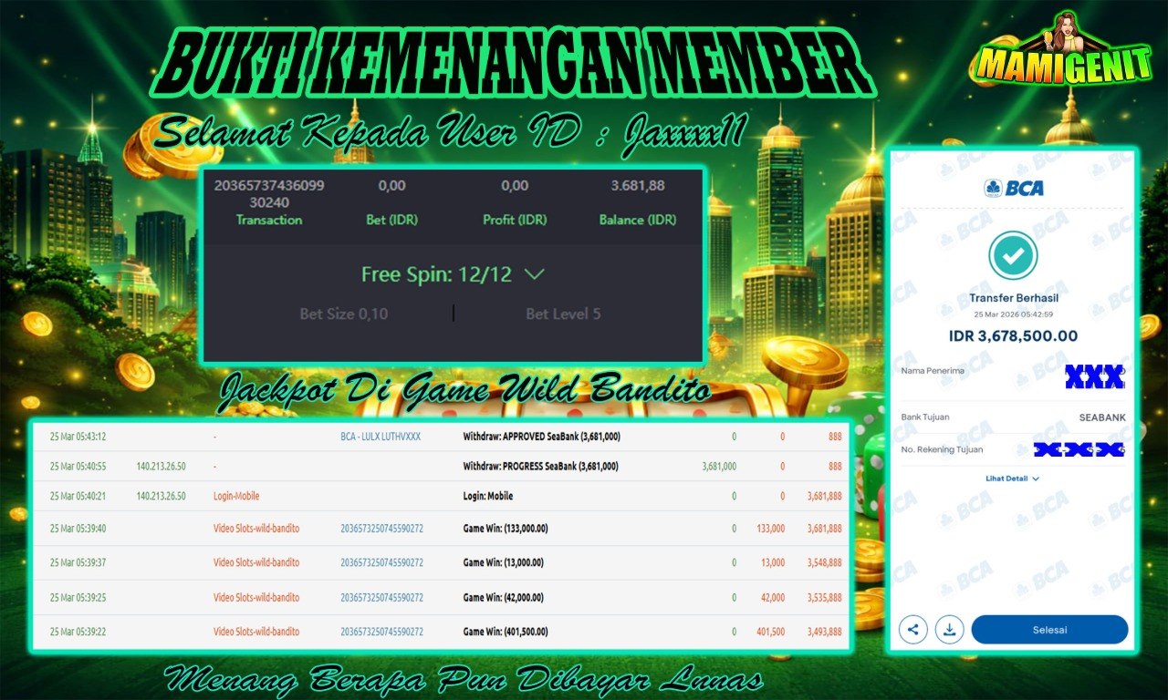 MAMIGENIT - JACKPOT DI SEBESAR RP.3,678,500,- DI GAME WILD BANDITO